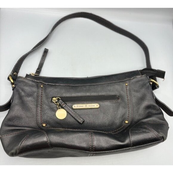 Etienne Aigner Black Leather Shoulder Bag Purse With Adjustable Strap & Front Po - Picture 1 of 7